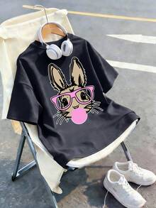This Casual Dark Gray Round Neck T-Shirt Is Suitable For Slightly Larger Children, Featuring A Creative Rabbit Print Design, Very Suitable For Girls And Slightly Larger Children To Wear. - Dark Grey - View 4