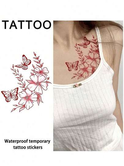 1Pc Henna Fake Tattoo Temporary Tattoos Floral Butterfly Ramadan Eid Adha Waterproof Sweatproof Red For Woman And Men Tattoo Stickers For Foot, Arm, Chest, Leg, Abdomen, Waist, Finger, Neck, Spine, Modernist Body Art