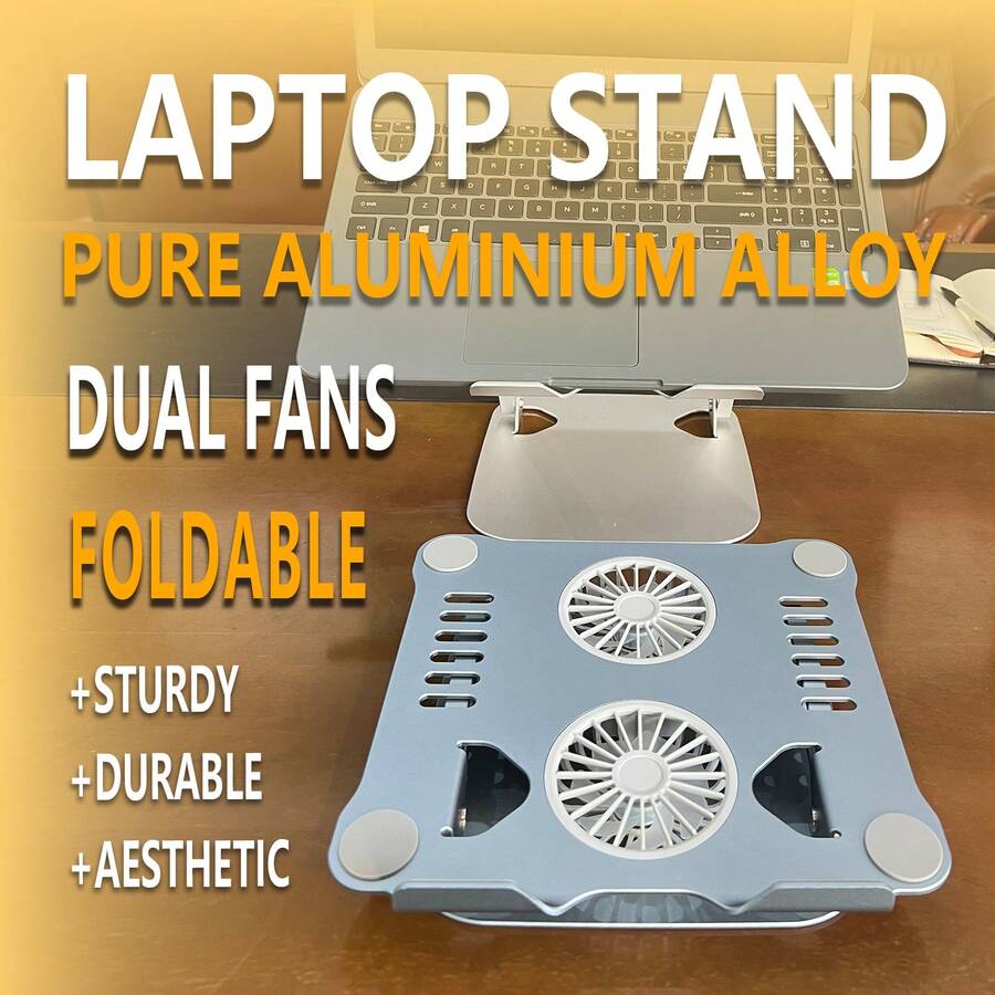Soporte para portátil con dobles ventiladores, hecho de aluminio puro que es resistente a la oxidación y hermoso, enfriamiento rápido, plegable, ajustable y duradero.