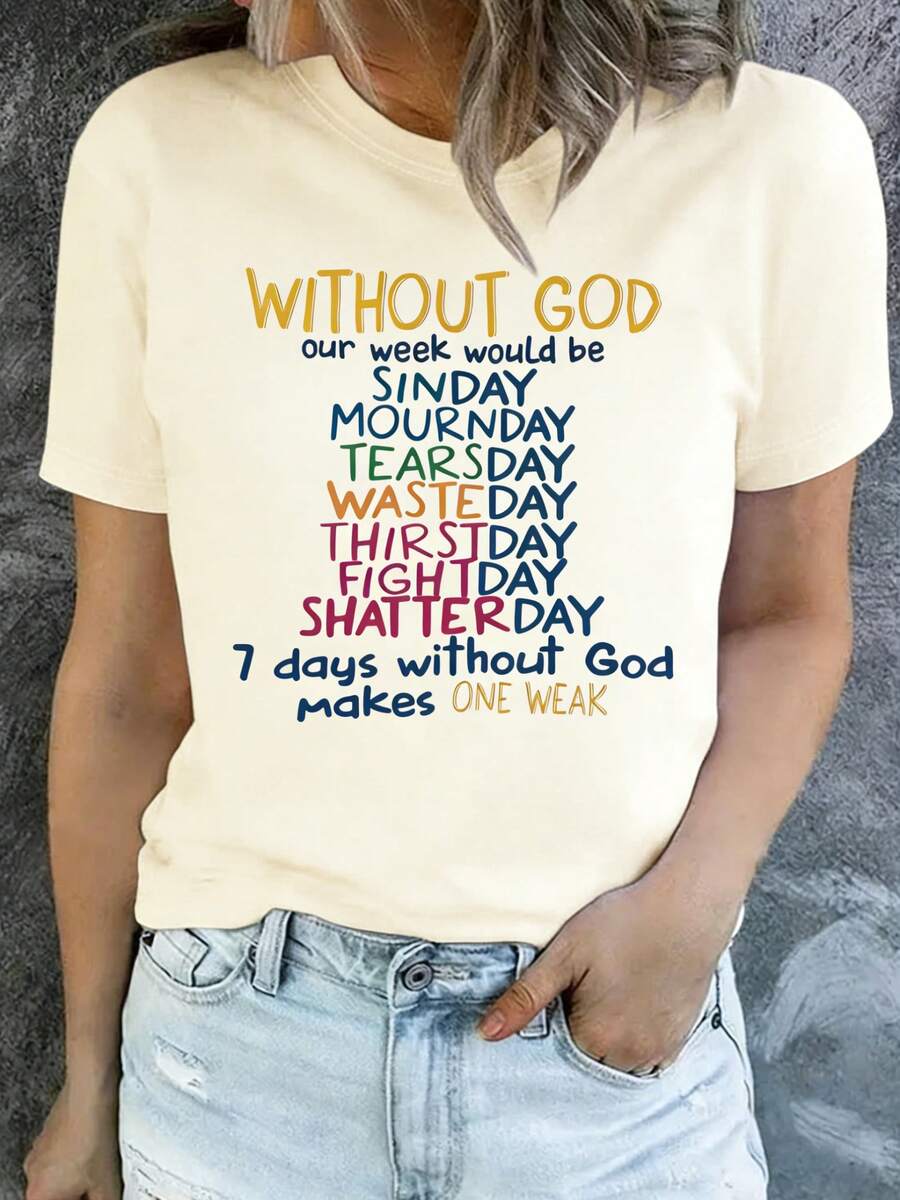 Plus Size Women's Christian Inspirational Letter Print-Shirt - Casual Crew Neck, Short Sleeve Top, Suitable Spring And Summer, Washable, Spring Fashion |   Inspirational Quotes |   Elastic Fabric TRJL - Màu be - Xem 1