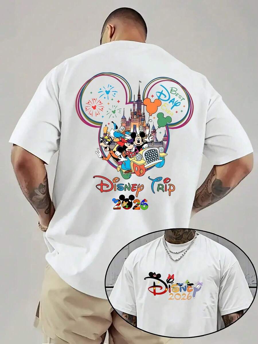 Disney Official Licensed 2026 Disney Trip Mickey Ears Castle Graphic T Shirts 100 Percent Cotton Disney Shirt 220g Cotton Crew Neck Unisex Tee - 白色 - 查看 1