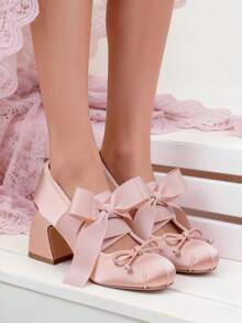 Women's Fashion Lolita Ballerina Style Shoes Square Toe High Heels Cross Strap Mary Jane French Girl Style Satin Bow Solid Color Fashion Y2K Outdoor Shoes - khỏa thân - Xem 1