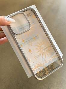 1 pieza Funda de teléfono con lente transparente y línea dorada con diseño de sol y luna, estilo minimalista y chapado, compatible con iPhone 16 Pro Max, 17/16/15/14 Plus, 13/12/11, Air, Series - Multicolor - Ver 2