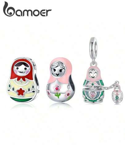 bamoer 1pc 925 Sterling Silver Russian Nesting Doll Pendant, Unisex Couple Design, Beads Suitable For Handmade Bracelet & Necklace DIY Jewelry
