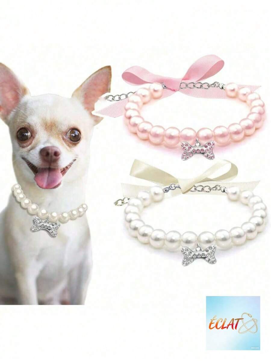 Pearl Necklace With Rhinestone Bone Decor For Dogs Cats Fashionable Pet Wedding Collar Jewelry Suitable For Girl Cats Small Dogs Accessories TZM8 - Multicolor - View 1