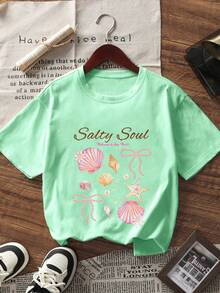 Conjunto de 3 camisetas de manga corta con estampado tropical de conchas y flores para niñas preadolescentes, tops de verano para estudiantes jóvenes - Multicolor - Ver 4