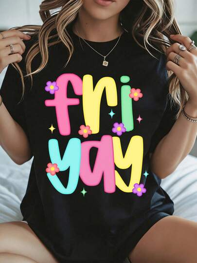 Fridays T Shirt Friday Fun Flower Print White Casual Wear Summer