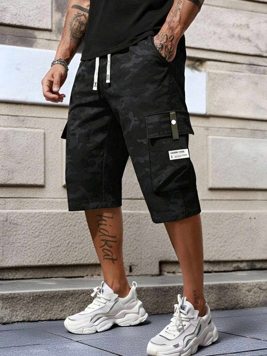 夏季休闲时尚工装裤，户外情侣款简约迷彩七分裤 - 黑色 - 查看 1