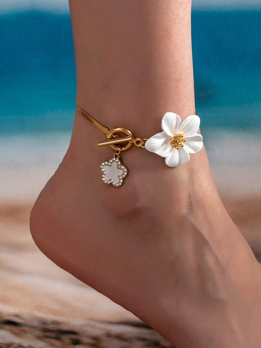 1pc Retro Minimalist Elegant Five-Leaf Clover Floral Snake Chain Anklet, Suitable For Beach, Party, Banquet And Daily Wear - White - View 1