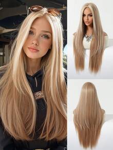 26 Inch Heat Resistant Synthetic Wig, No Bangs, Caramel Brown Color, Suitable For Daily Wear, Parties, Cosplay And Other Occasions - Gold - View 2