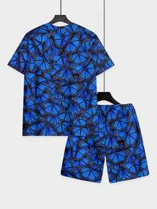 Two-Piece, Elegant And Eye-Catching, Knitted Fabric, Full Texture, Men's Banquet Attire, Summer Yacht Outings, Black Background With Blue Butterfly All-Over Print, Men's Short-Sleeve Beach Pants Set - 彩色 - 查看 5