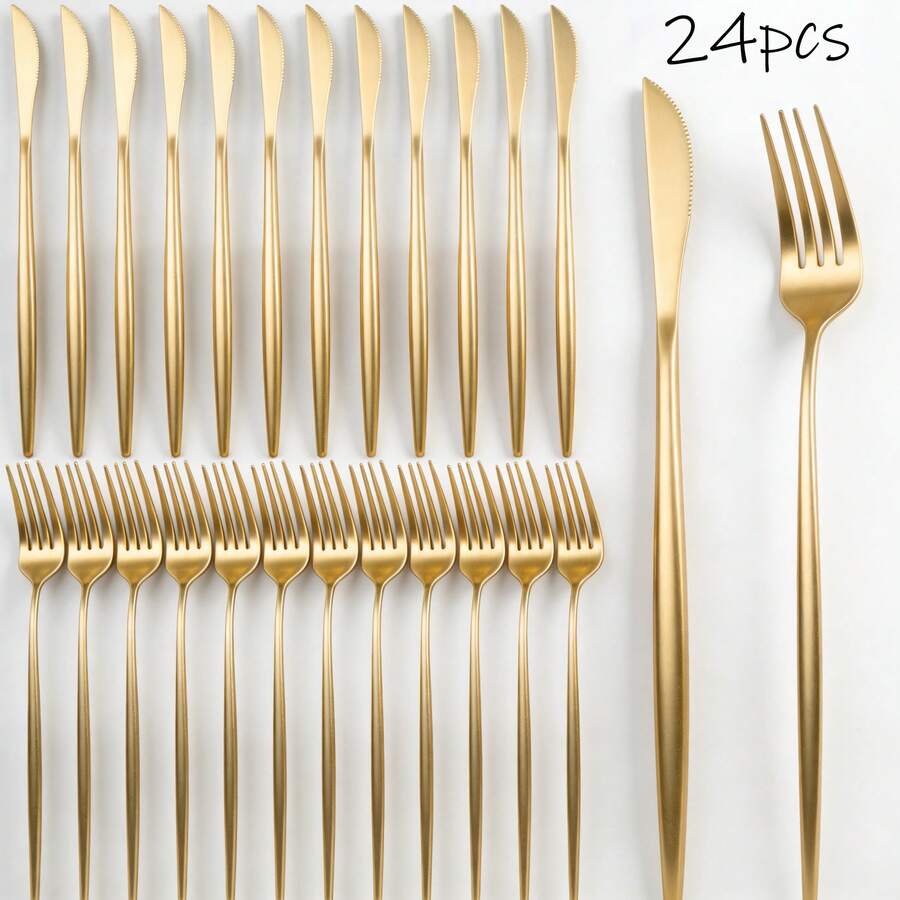 2/4/6/12/24件套不锈钢牛排刀叉套装 - 镜面抛光餐具，可放入洗碗机清洗，适用于牛排、烧烤、日常用餐 - 是居家、餐厅、感恩节、圣诞节、万圣节的理想之选