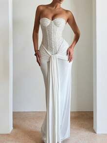 Vestido de gala con corsé sin tirantes, volantes y panel de encaje para mujeres, vestidos de fiesta para galas formales y ocasiones especiales - Blanco - Ver 2