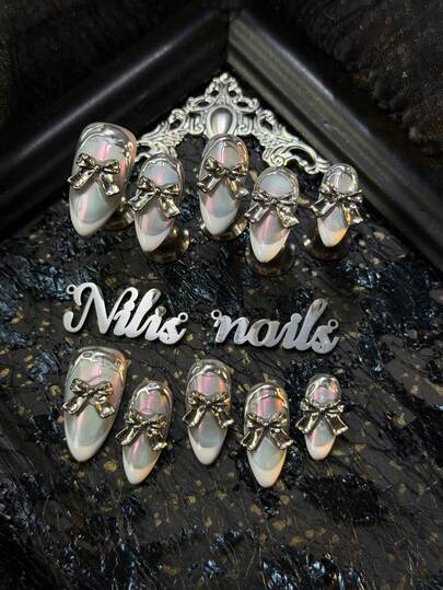 10pcs Handmade Fully Covered Almond Nails Acrylic Kit, Silver Cat Eyes, Cool And Sweet Ballet Style, White French Style, 3D Bow, Metal Relief Design, Y2K Style Nail Art Set,Acrylic Nail Supplies Are Suitable For Women And Girls,Can Be Used For Festivals,Daily,Life,Work,Gatherings And Other Occasions,The Kit Includes 1 Mini Nail File And 1 Double-Sided Adhesive Label Nails Stuff