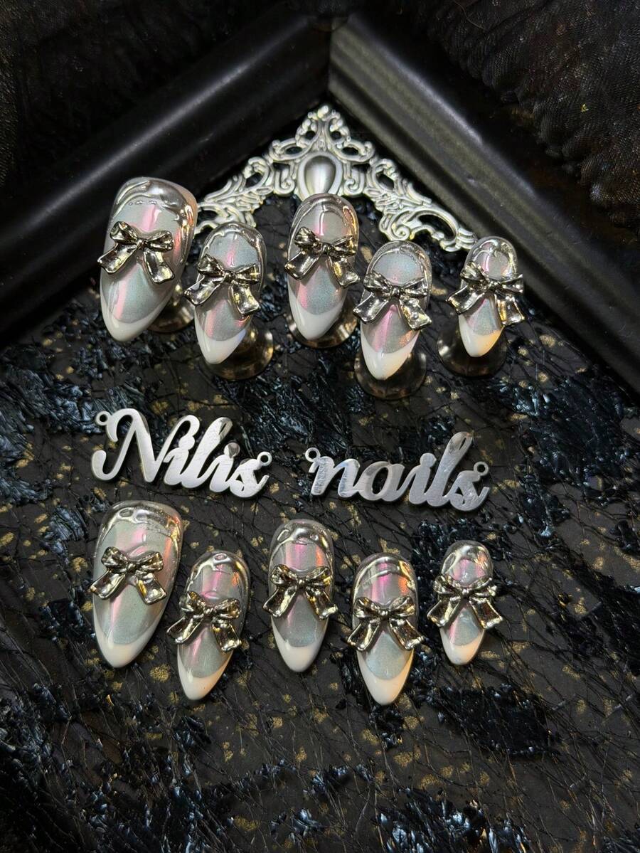 10pcs Handmade Fully Covered Almond Nails Acrylic Kit, Silver Cat Eyes, Cool And Sweet Ballet Style, White French Style, 3D Bow, Metal Relief Design, Y2K Style Nail Art Set,Acrylic Nail Supplies Are Suitable For Women And Girls,Can Be Used For Festivals,Daily,Life,Work,Gatherings And Other Occasions,The Kit Includes 1 Mini Nail File And 1 Double-Sided Adhesive Label Nails Stuff