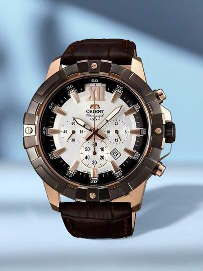 Orient Men's Chronograph Wrist Watch, Heavy Industrial Style Bezel With Screw Decor, Multi-Function 3 Sub-Dials And Auto Date Window, Brown Embossed Leather Strap, Large Dial Quartz Watch Suitable For Sports, Party And Streetwear