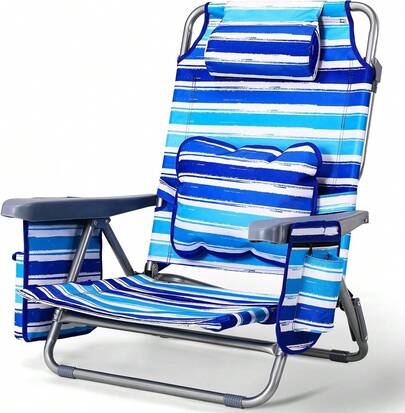 Folding Backpack Beach Chair With Lumbar Cushion & Headrest, Reclining Camping Chair,5 Position Adjustable Recliner,140kg Capacity, Portable Outdoor Sun Lounger For Camping, Picnics, Fishing