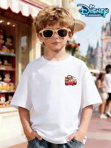 Disney Cars Teeth Cute Mud Print Crew Neck T-Shirt For Boys (Ages 3-12), 100% Cotton, Summer Short-Sleeve. Features A Cute Teeth Teeth Design On The Back, Interacting With Lightning McQueen In The Mud, Along With The "MUD HAPPENS!" Slogan And Mud-Splatter Elements. The Front Features A Small Print Of The Same Character. Pairs Well With Jeans, Shorts, Or Cargo Shorts. Suitable For Theme Park Outings, Outdoor Camping, Everyday Wear, Student Gatherings, And More. Skin-Friendly And Durable Cartoon IP Pattern Top, Creating A Unique Mud-Racing Style For Boys. - White - View 2