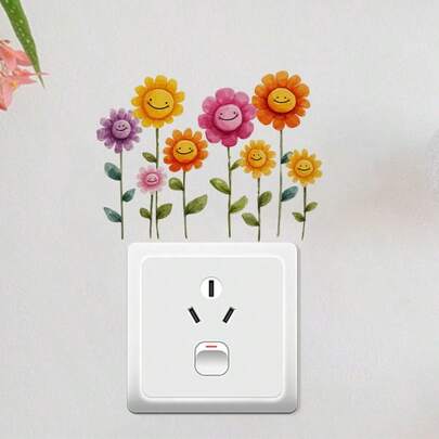 1片卡通向日葵图案自粘墙贴，防水可移除PVC材质，适用于灯开关装饰，卧室和客厅哑光墙面艺术，开关装饰