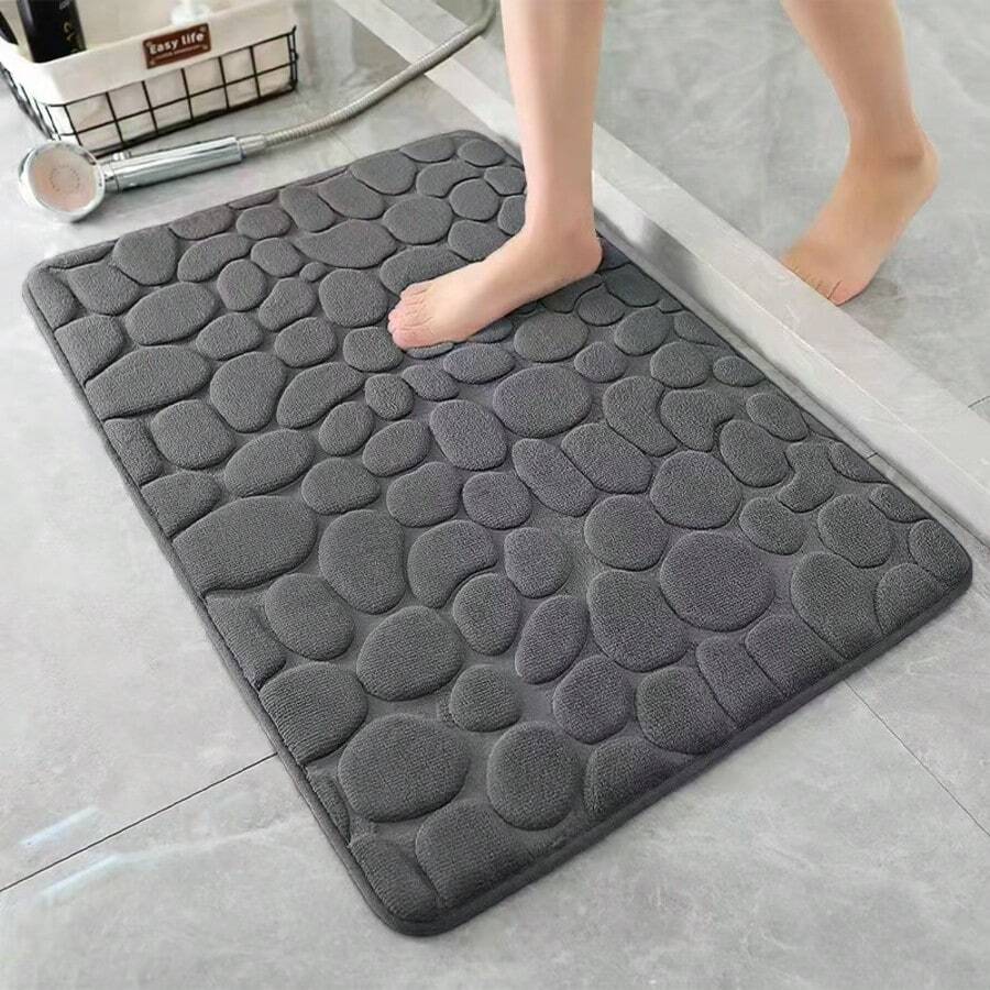1pc Memory Foam Bath Mat - Embossed Cobblestone Velvet Bathroom Rug, Anti-Slip & Absorbent Quick-Dry Floor Pad For Kitchen, Laundry Room, Bedroom Decor, Machine Washable - Random Color - View 1