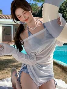 3pcs Set Of Simple Blue And White Summer Tie-Dye Style, Long-Sleeved Side Drawstring Lace, Beach Blouse Wrap, Bikini Suit, Neck Bra, Drawstring Shorts, Women'S Fashion Split Swimsuit Clothing, Gather Chest,, Swimming Vacation - 象牙白 - 查看 4