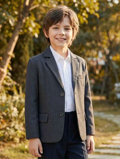 男童正式西装外套，双排扣设计，适合儿童，修身剪裁，可作为校服或婚礼礼服穿着，深灰色，尺码 6-14 岁