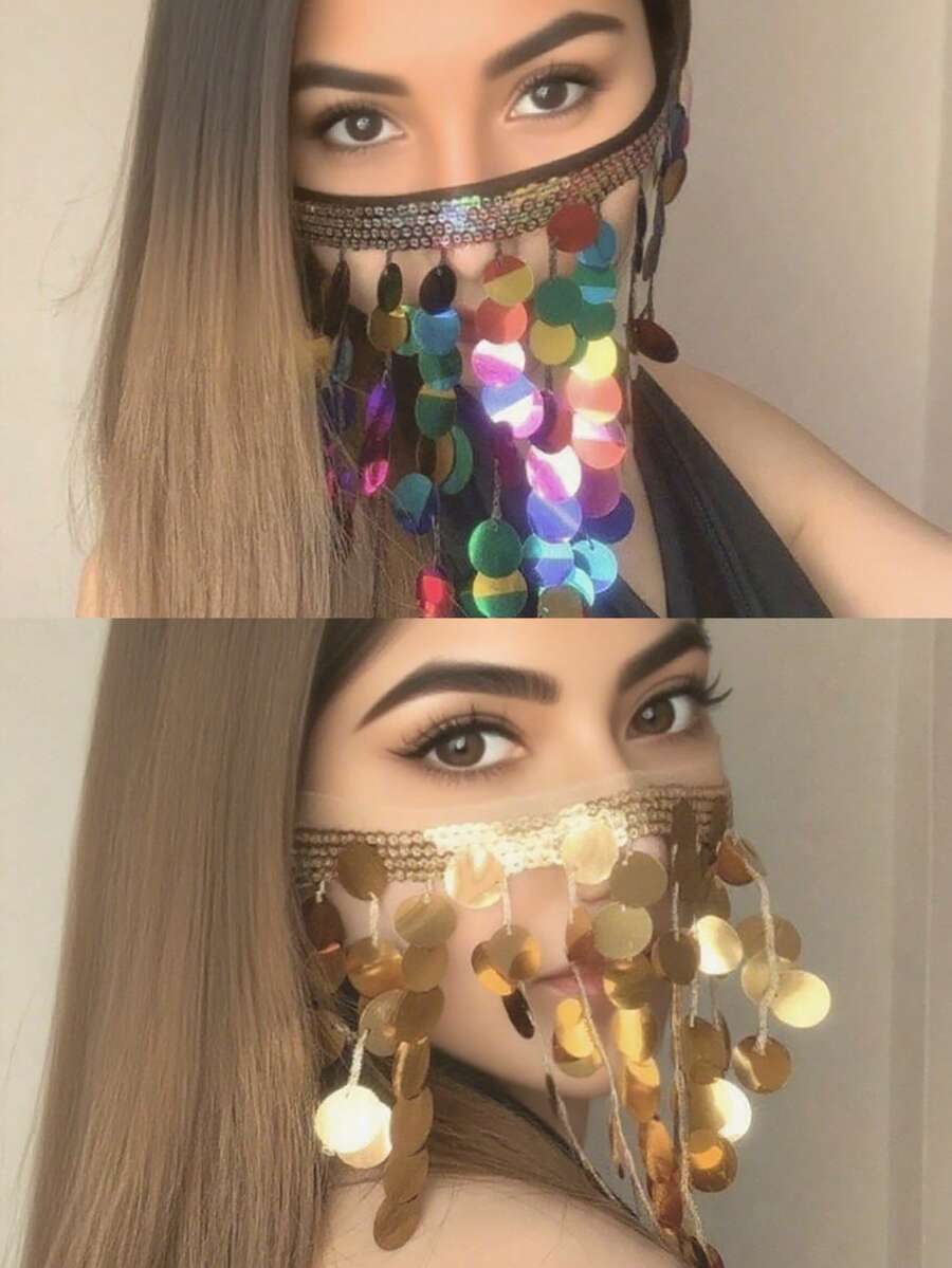 肚皮舞神秘女孩面帘遮脸系带异域风情舞蹈配饰流苏面纱 - 彩色 - 查看 1