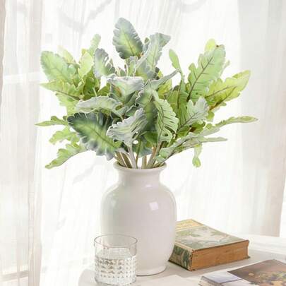 Planta de crisantemo de hoja plateada con efecto de felpa, hojas de bellota simuladas, planta verde peluda de oreja de conejo, decoración del hogar de alta simulación para ornamentos de sala de estar