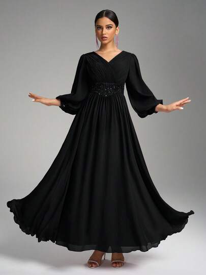 SUPGIR V-Neck Pleated Waist Pearl Trim Lantern Sleeve Maxi Chiffon Dress