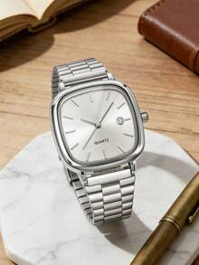 3PCS Luxury Business Men's Watch Set, Part Of A Stylish Men's Collection, Includes A Square White Dial Minimalist Quartz Watch With A Silver Stainless Steel Band That Has A Smooth Texture, A Black Diamond-Patterned Leather Wallet, And A Metal Pen. The Design Is Sharp And Exquisite, Exuding A Calm And Sophisticated Style. - Silver - View 7