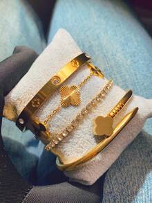 4件套奢华不锈钢水钻四叶草和星星手链套装,复古优雅女士首饰,适合日常佩戴、送礼、派对、圣诞节等场合。 - 金色 - 查看 4