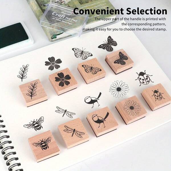 9 Stücke Vintage Holz Stempel Set, beinhaltet Schmetterling, Vogel, Marienkäfer, Libelle, Biene, Blumen- und Pflanzenmuster, geeignet für handgemachte naturthematische Stempel, ideal für DIY Kunst und Scrapbooking mit Stempelkissen