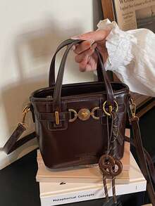 Faux Leather Solid Color Mini Bucket Bag, Versatile Casual Handbag & Shoulder Bag - Coffee - View 7