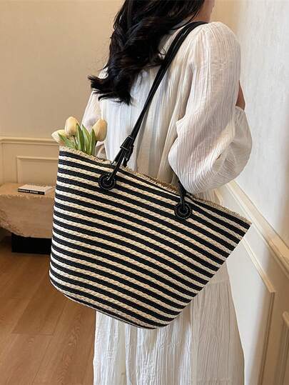 2026新款草编单肩包，女士大容量沙滩包，黑白条纹拉链手提包，适合春夏度假