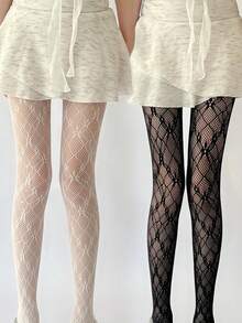 1双女士花卉网纱连裤袜，春夏蕾丝镂空网纱黑色长筒袜，菱形条纹JK透气网纱，修身性感紧身袜 - 彩色 - 查看 2
