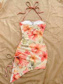 Robe mini bohème à imprimé floral sans manches avec bretelles spaghetti pour femmes, robe moulante sans manches avec cordon de serrage et fente à l'ourlet, style vacances élégant d'été - Multicolore - Voir 4