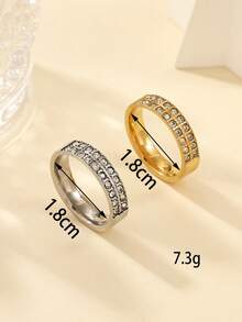 2pcs Stainless Steel Fashion Minimalist Gold-Tone Rings Set, Inlaid With White Rhinestones, Suitable For Women's Daily Wear Or Gift - Multicolor - View 4