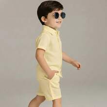 Conjunto Mauricinho Infantil Juvenil Blusa Botão Bermuda Social Viscose Menino - Amarelo - Visão 4