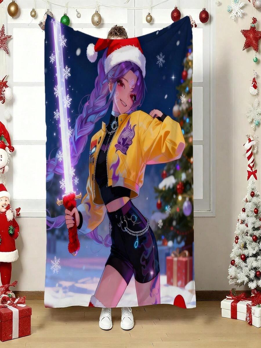 A K-POP Idol Festive S Hat & Neon Sword Pose Art Printed Flannel Blanket. Soft And Comfortable, This Warm And Cozy Blanket Is Perfect For Sofas, Bay Windows, Office Naps, Decorations, Easter Gifts, And Thanksgiving Decorations. - White - View 1
