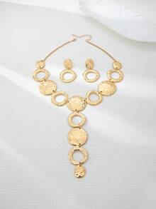 一套优雅简约几何不对称圆形设计女士首饰套装，包含一条Y形项链和一副耳环，适合日常佩戴。 - 金色 - 查看 4