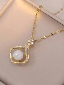 GCGIGUI 1 pieza Collar con colgante de perla de princesa sirena, collar de acero inoxidable ajustable, collar de strass con suerte, regalo de cumpleaños/Día de San Valentín para mujeres, longitud máxima ajustable 44cm/17.34in - Dorado - Ver 7