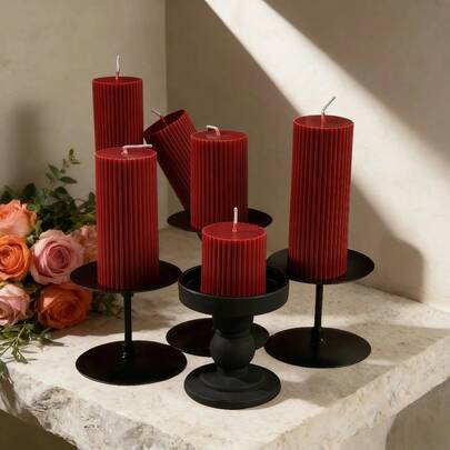 Set de velas cilíndricas perfumadas a rayas burdeos de varios tamaños - Estilo vintage, sin humo y fragancia duradera, para temporada de bodas, Pascua, sala de estar, dormitorio, entrada, casa de huéspedes, restaurante, reuniones familiares, regalos de inauguración de casa y accesorios de fotografía