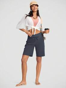 Womens 9" Swim Shorts UPF 50+ Quick Dry High Waisted Swim Trunks For Women With Liner & Zipper Pockets - Iron Gray - View 6
