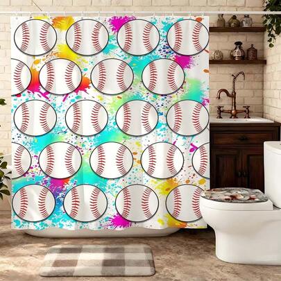 Vibrant Paint Splash Baseball Shower Curtain, Colorful Graffiti Style Baseball Pattern, Waterproof Quick Dry Polyester Bath Curtain, Cool Sports Bathroom Decor, Edgy Urban Style Restroom Partition, Athletic Print Bath Curtain For Home, Mildew Resistant Durable Bathroom Curtain, Fashionable Bold Colorful Aesthetic Restroom Decor, Popular Graffiti Baseball Bath Curtain, Rainbow Splash Ink Bathroom Curtain, Modern Sports Restroom Decoration