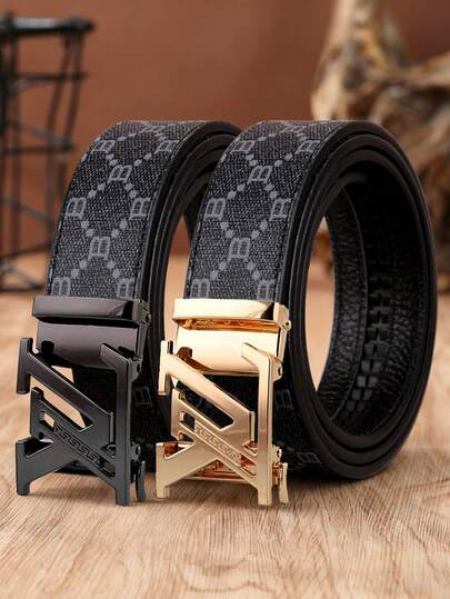 Men's Letter Embossed PU Leather Automatic Buckle Belt, Buckle Printed With Letter Logo. Belt Available In Black And Brown, Buckle Electroplated In Gold, Silver, And Gunmetal. Adjustable Length, Lightweight Luxury Fashion Style, Suitable For Business And Casual Wear, Perfect Gift For Father's Day And Various Anniversaries.