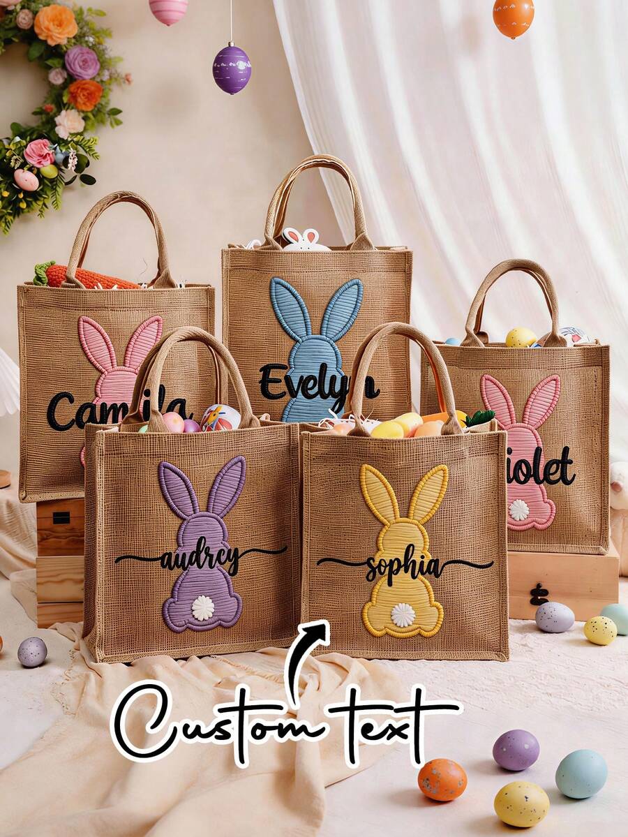 Túi vải bố đựng trứng Phục Sinh cá nhân hóa, Túi họa tiết thỏ Phục Sinh (in tên theo yêu cầu), Túi đựng trứng hình thỏ, Túi đựng trứng cho trẻ em, Giỏ quà Phục Sinh, Túi quà tặng Phục Sinh, Túi tote thiết kế in chuyển nhiệt kiểu thêu tùy chỉnh. - Phong cách 18 - Xem 1