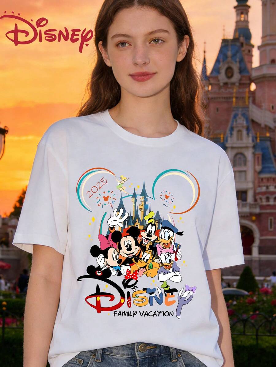 Disney 2025 Family Vacation Head Printed Loose Round Neck Short Sleeve T-Shirt - 白色 - 查看 1