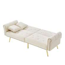 Modern 2-Seater Sofa Bed – Velvet Upholstery, 3-Position Reclining Backrest, And Gold Metal Legs. Elegant Convertible Sofa – Space-Saving, Durable, Ideal For Small Spaces. - Beige + Foam + 2 Seats - View 2