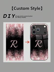 1pc Customized Letter, Black & Pink Gradient Glitter Pattern Liquid TPU Full Edge + Tempered Glass Shockproof Scratch-Resistant Phone Case Compatible With Apple 17 Pro Max/16 Pro Max/15 Pro/14 Plus/13 Pro/12 Pro Max/11/Xs Max/8/7/6 Plus, S24 Ultra/S25 Ultra, / Phones - Black - View 6