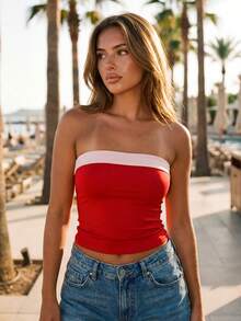 Women Tube Tops Summer Contrast Colors Folded Backless Off-Shoulder Bandeau Backless Shirts For Streetwear - Red - View 4